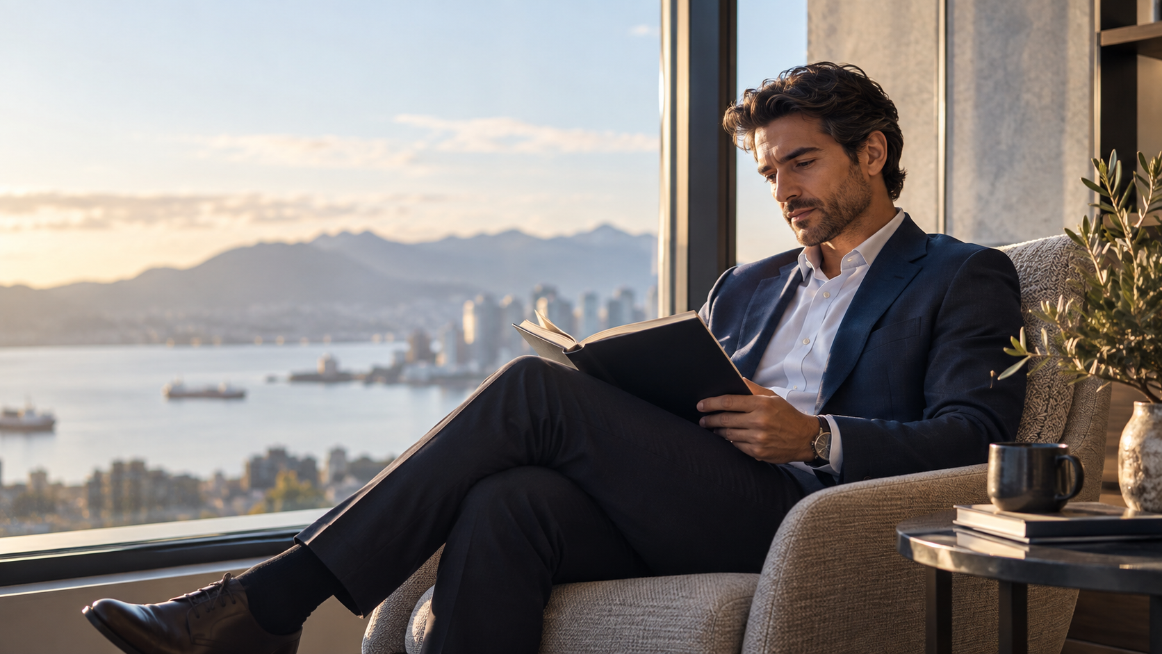 A professional reading in a sunlit office